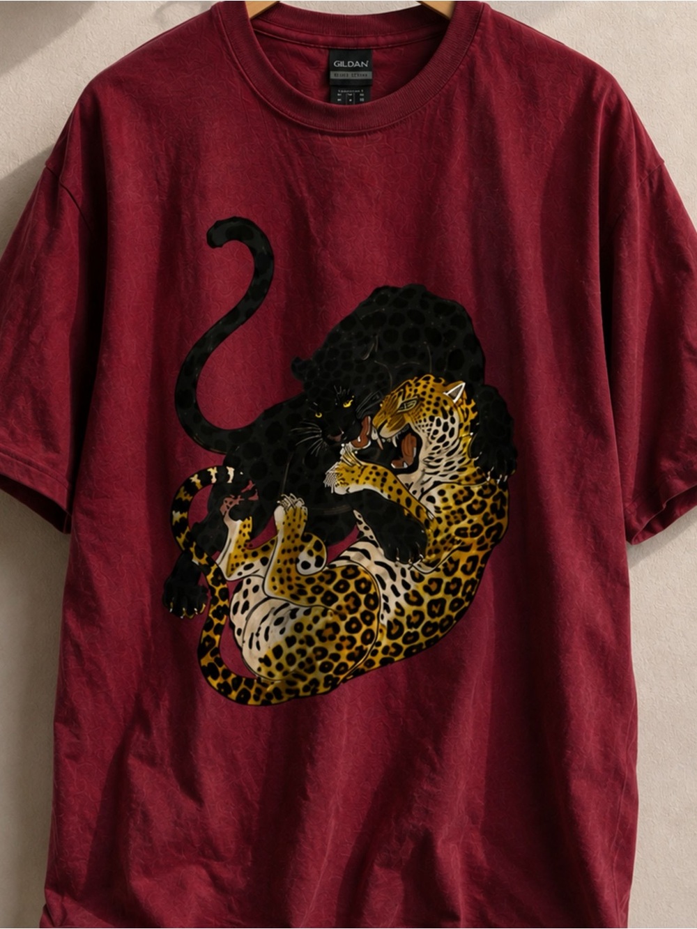 Gildan Burgundy Short-Sleeve Tee with Black and Yellow Leopard Graphic